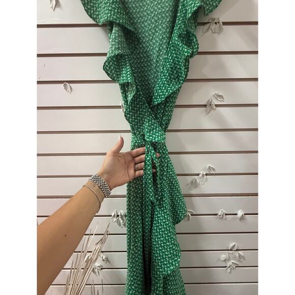 Max Studio Green Printed Asymmetric Midi Wrap Dress Ruffle Detail Size Large - Picture 3 of 5